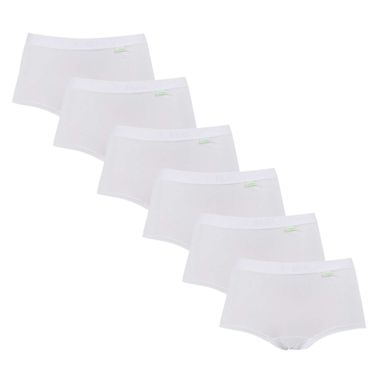 Bamboe dames boxer 6-pack in wit, ademend en comfortabel, perfect voor dagelijkse draagbaarheid.