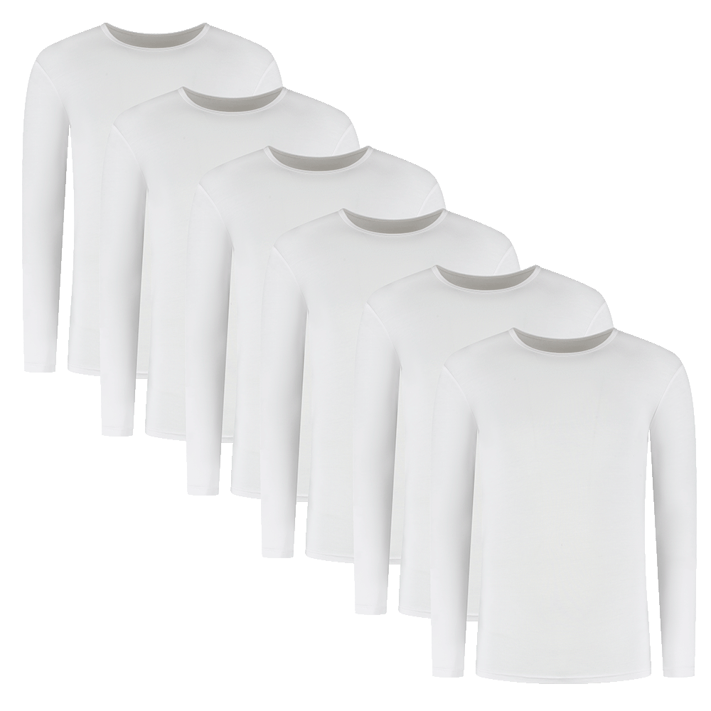 Set of six white long-sleeve bamboo shirts for men with a classic round neckline.