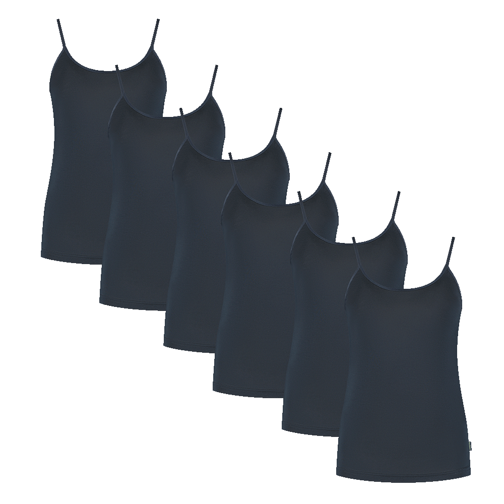 Set of six navy blue spaghetti strap tops made from breathable bamboo fabric, ideal for layering or warm days.