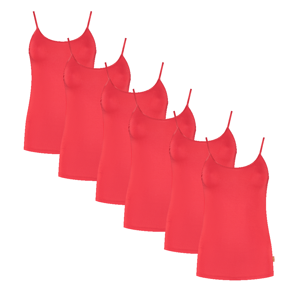 Zesdelige set van dames spaghetti hemden in rood bamboe materiaal, licht en ademend voor optimaal comfort.