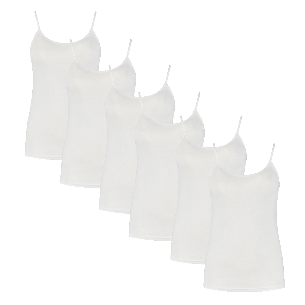 Set of six white bamboo tank tops with spaghetti straps for women, ideal for layering or casual wear.