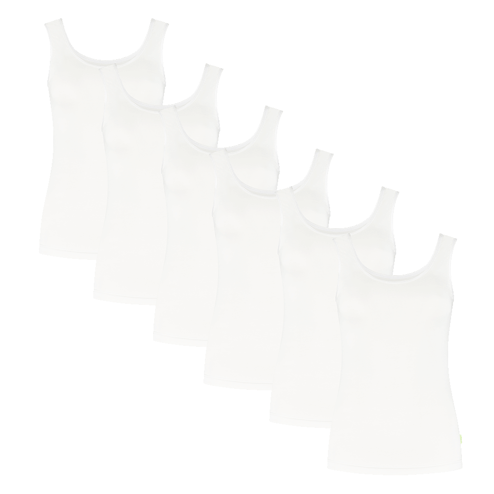 Set of six women's bamboo singlet tops in white, featuring wide straps for comfort and support.