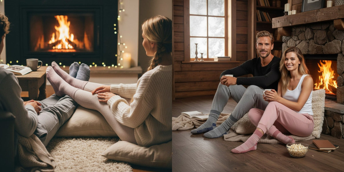 Mensen bij de open haard in warme merino sokken van Boru Classics