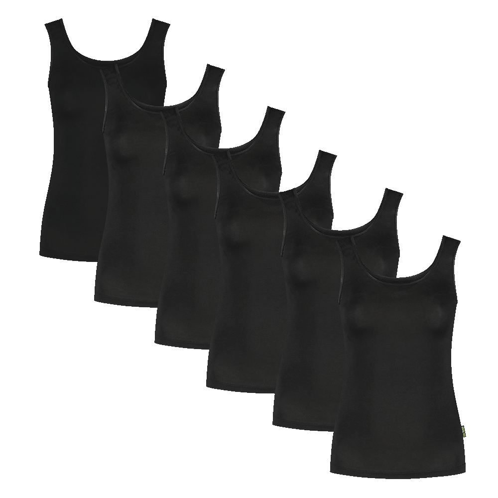 Zwarte bamboe dames singlets 6-pack, ideaal als basislaag en voor dagelijkse comfort.