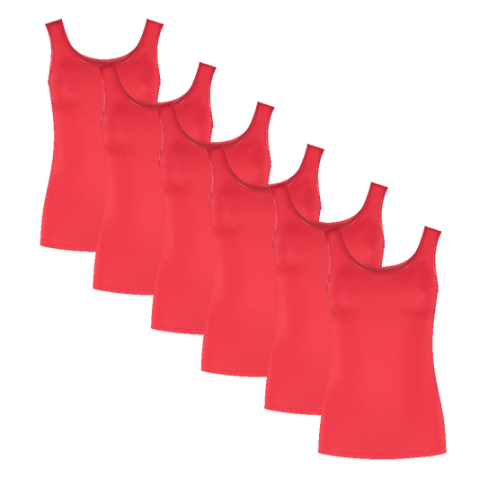 Bamboe dames singlet hemd in rood, 6-pack met brede bandjes voor extra steun en comfort.