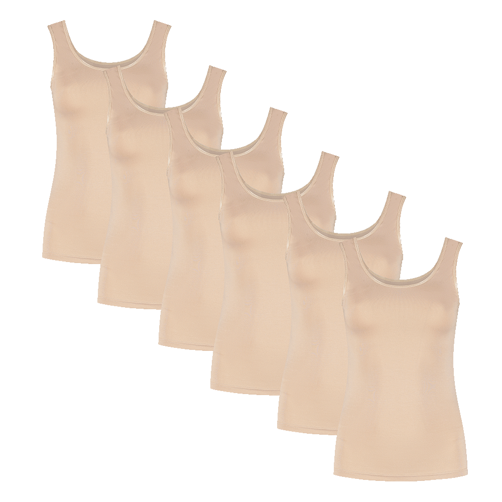 Bamboe dames singlet hemd 6-pack met brede bandjes in beige, perfect voor elke gelegenheid.