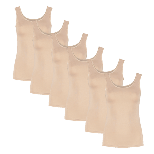Bamboe dames singlet hemd 6-pack met brede bandjes in beige, perfect voor elke gelegenheid.