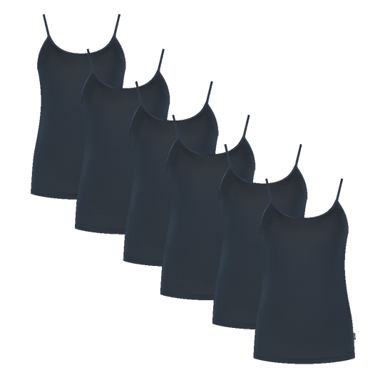 Set of six navy blue spaghetti strap tops made from breathable bamboo fabric, ideal for layering or warm days.
